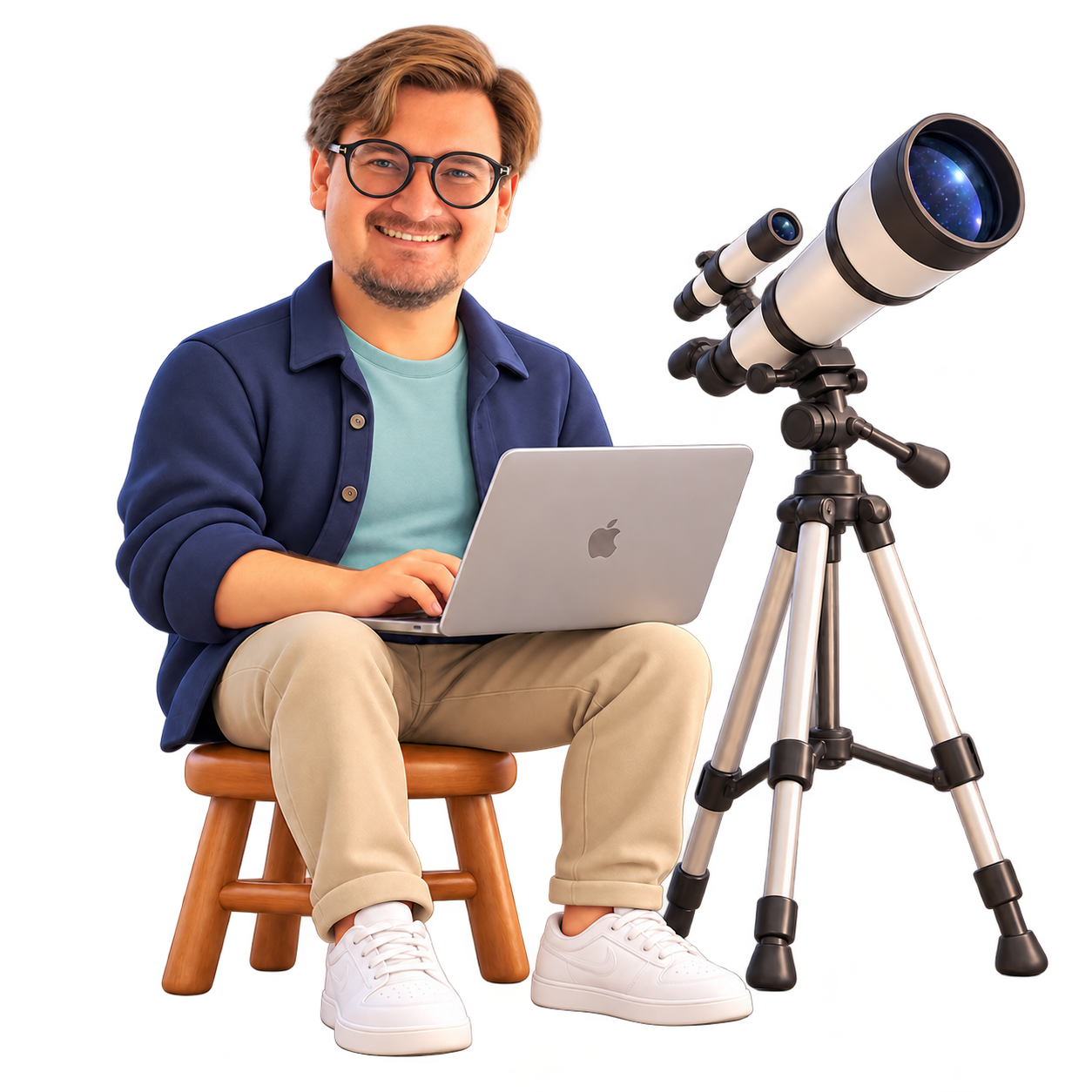 Cartoon Ilia with round black glasses, moustache and goatee, using an Apple laptop beside a telescope