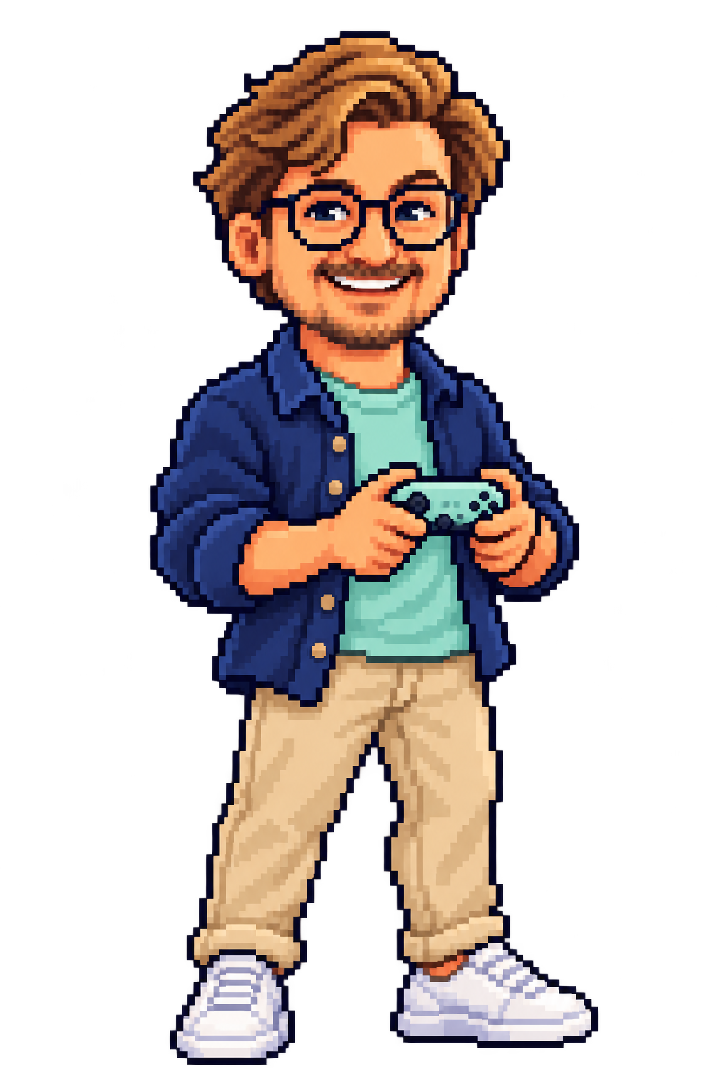 Pixel-art Ilia holding a game controller
